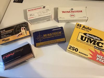 Assorted 45 Auto ACP Ammunition Lot - Remington, Winchester, Sig Sauer, PMC, Magtech
