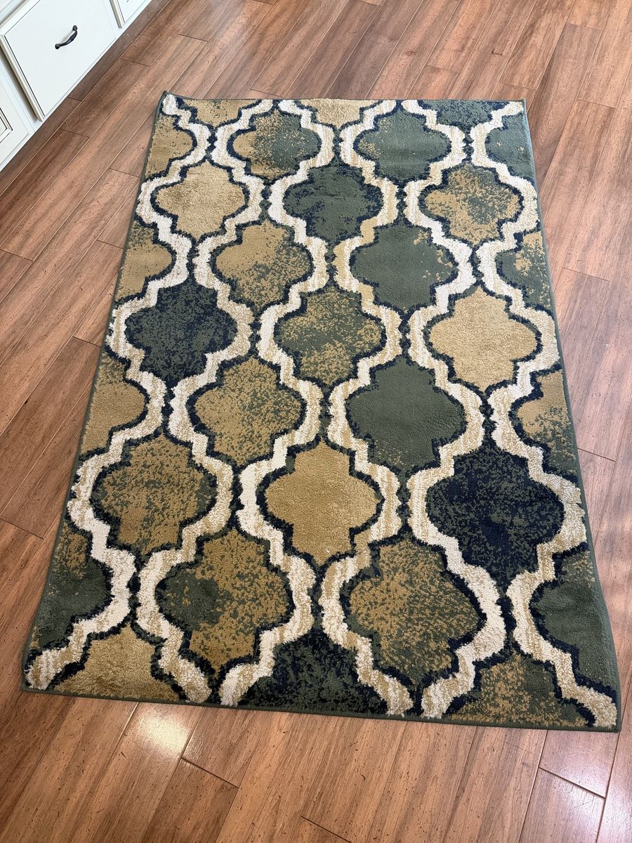 Area Rug with Moroccan Trellis Pattern Green Tan Cream 4x6