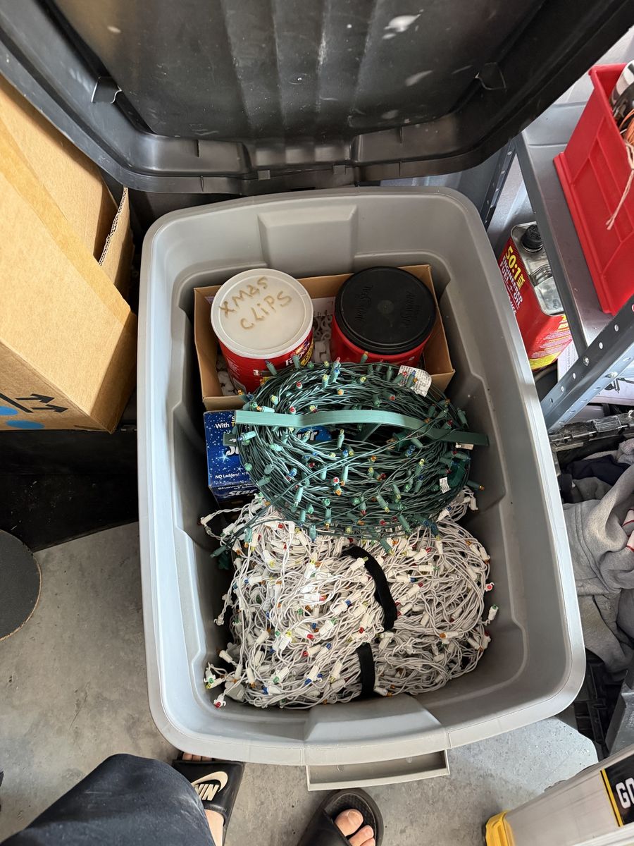 Christmas Lights and Hanging Clips Lot with Storage Totes