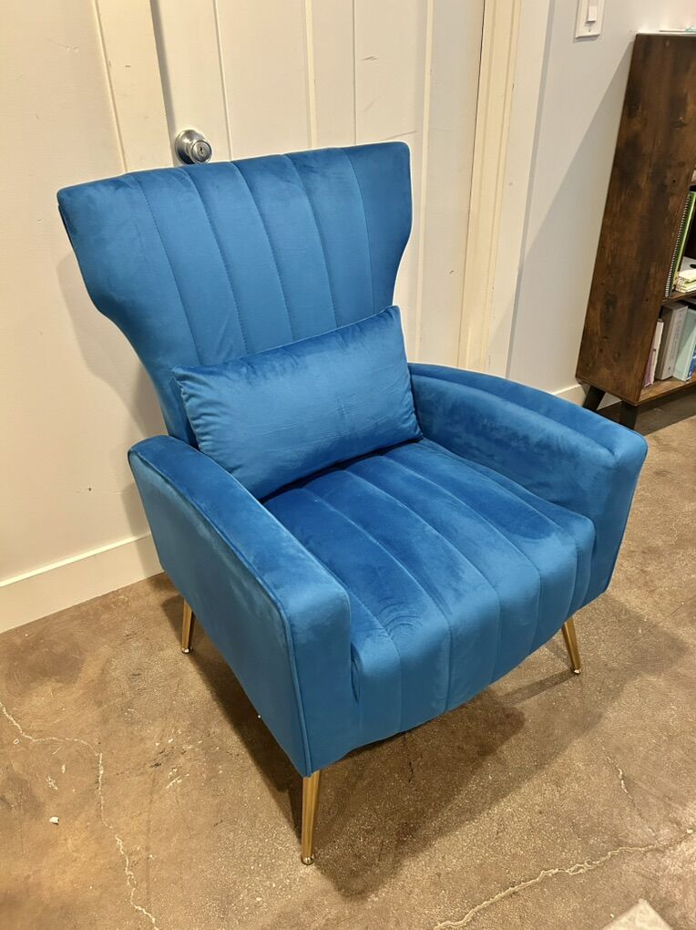 New Blue Velvet Wingback Accent Chair Gold Legs