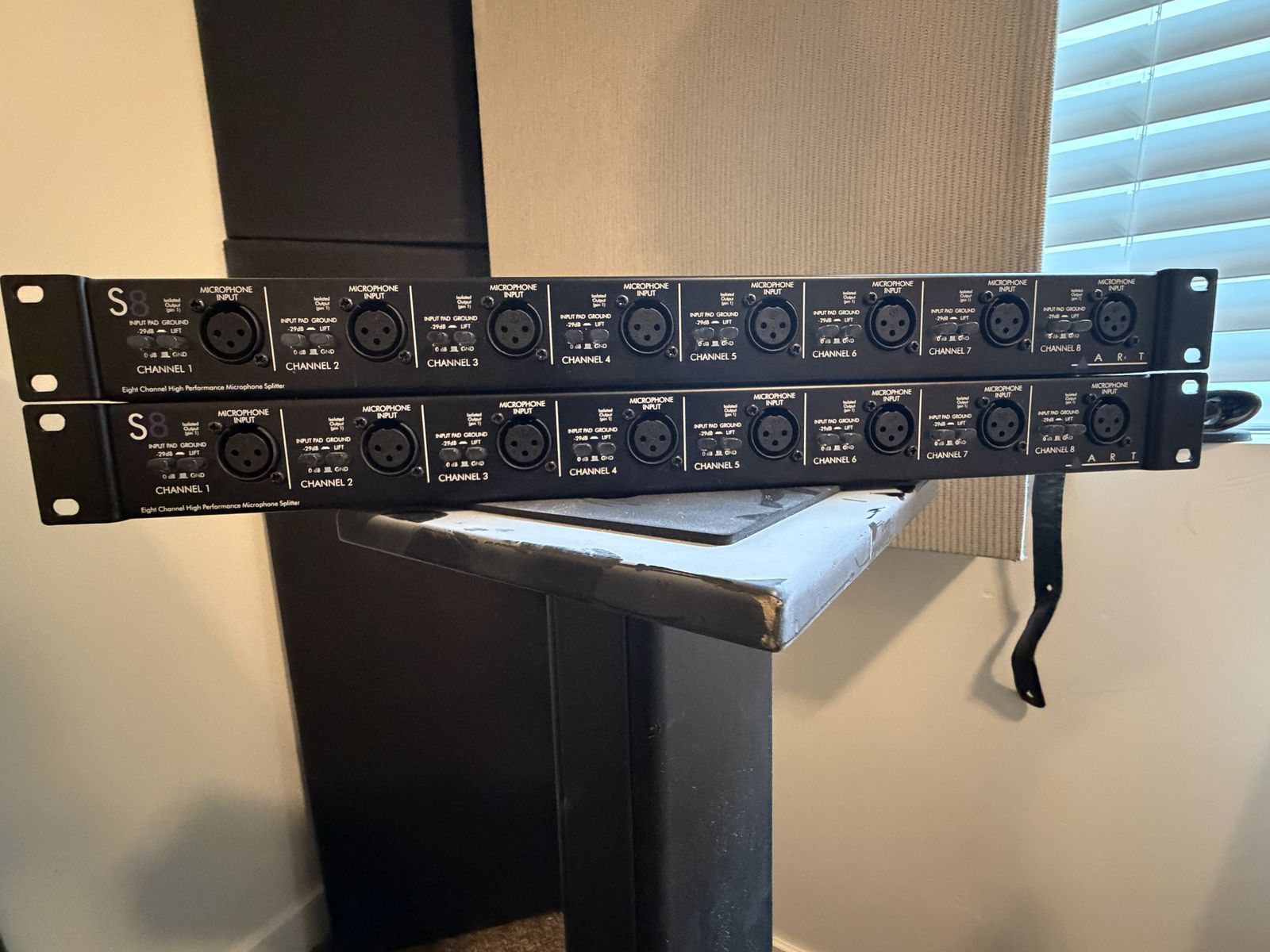Two ART S8 Eight Channel Mic Splitters (16 channels when used together)