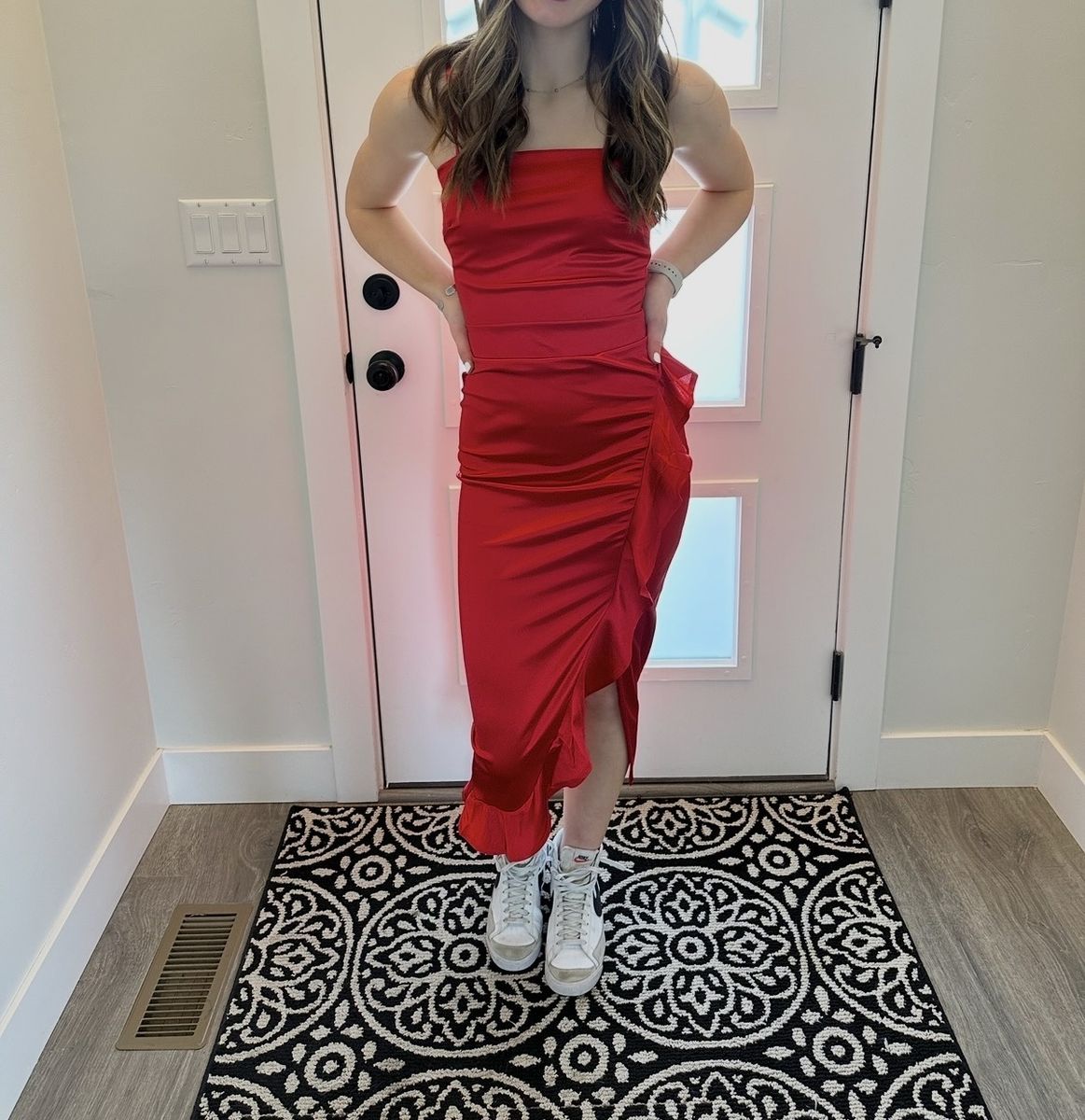 Red Satin Spaghetti Strap Midi Dress with Ruffle Slit