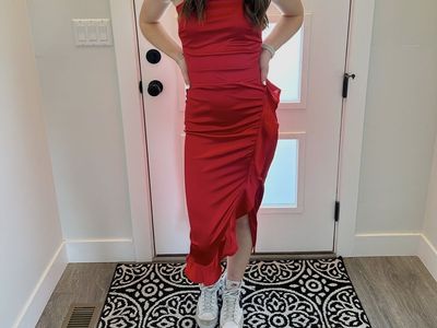 Red Satin Spaghetti Strap Midi Dress with Ruffle Slit