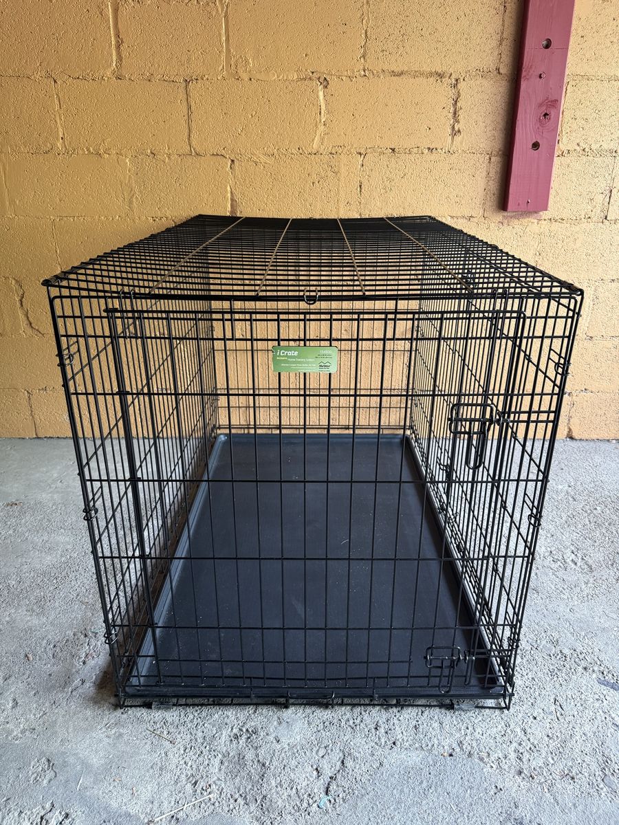 Large Midwest iCrate Dog Crate - Black Metal Wire, Double Door, 48L-30W-33H, with Removable Pan