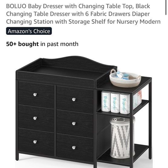 BOLUO Black Baby Changing Table Dresser with 6 Fabric Drawers and Storage Shelves