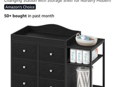 BOLUO Black Baby Changing Table Dresser with 6 Fabric Drawers and Storage Shelves