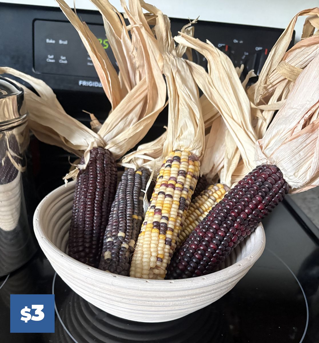 Decorative corn and wicker bowl