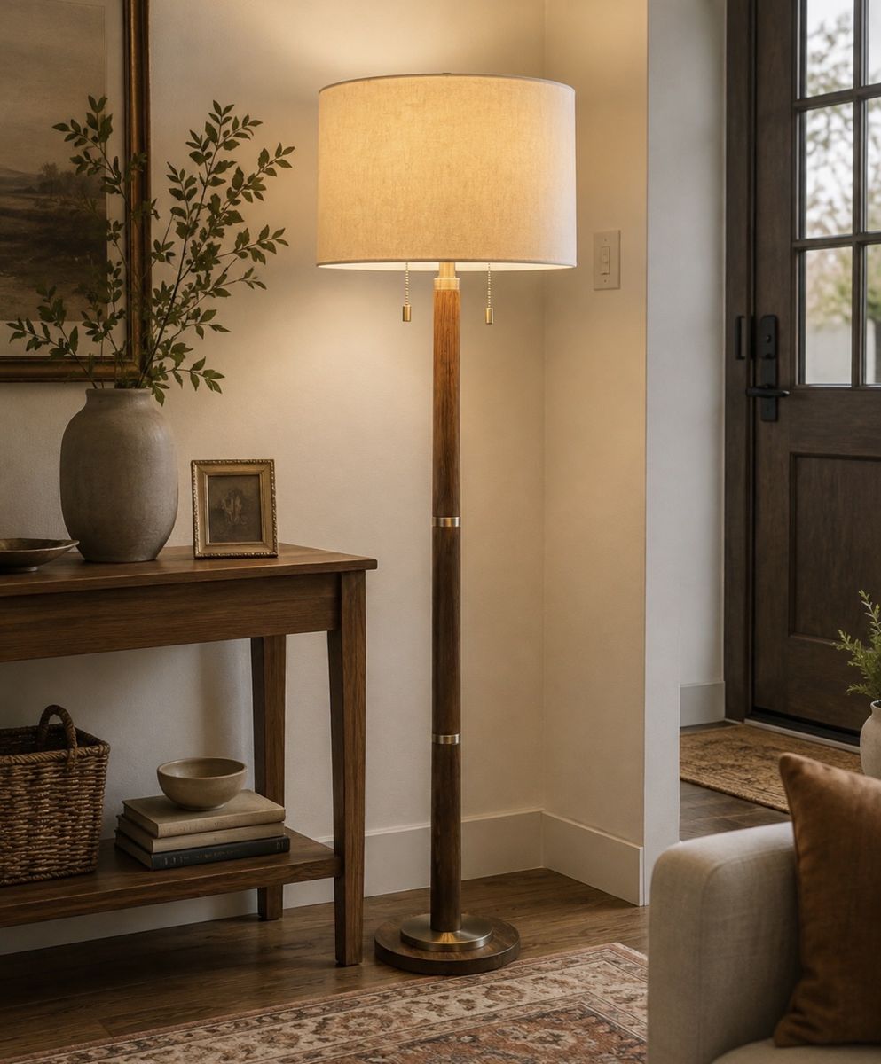 Mid-Century Style Walnut & Brass Floor Lamp