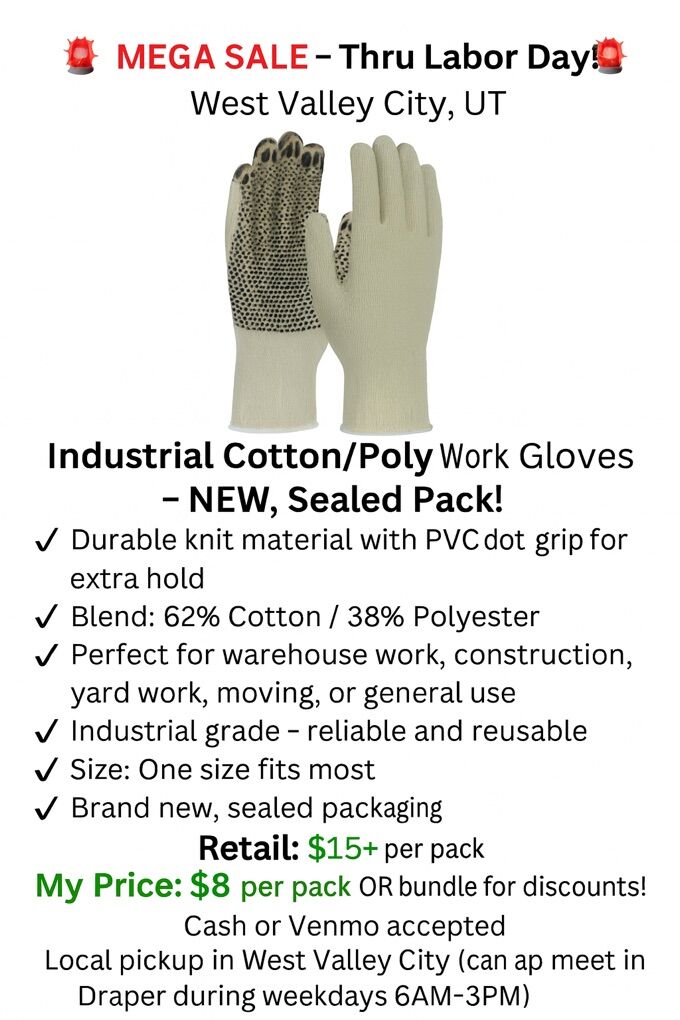 Industrial Cotton/Poly Work Gloves – NEW,