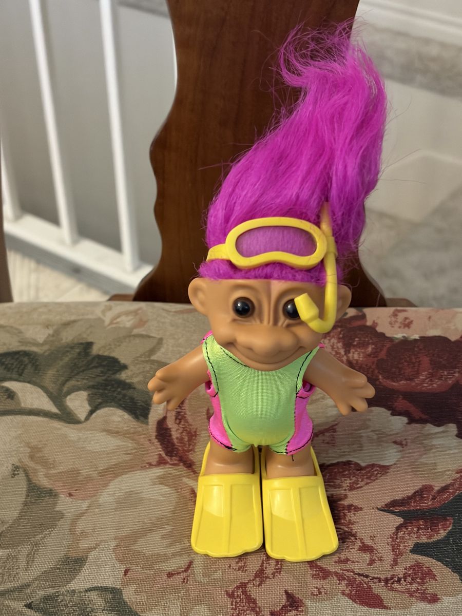Vintage Trolls Scuba Diver Doll Pink Hair Green Pink Swimsuit Yellow Fins Snorkel Goggles