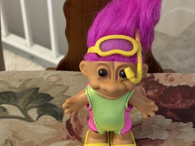 Vintage Trolls Scuba Diver Doll Pink Hair Green Pink Swimsuit Yellow Fins Snorkel Goggles