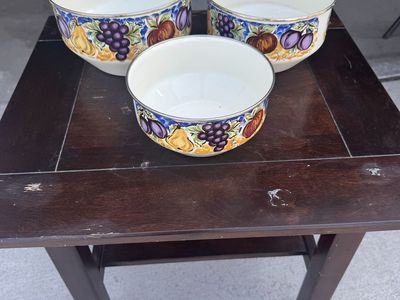 Vintage Enamelware Nesting Bowls Set of 3 - Fruit Pattern with Metal Rims