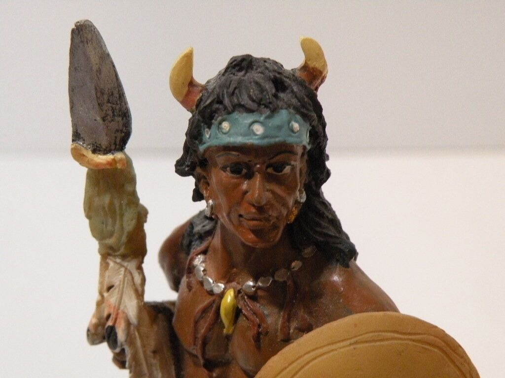 Native American Indian Sculpture Indian Warrior w Buffalo Headdress.