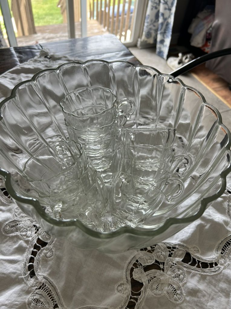 Glass Punch Bowl and Teacup Set