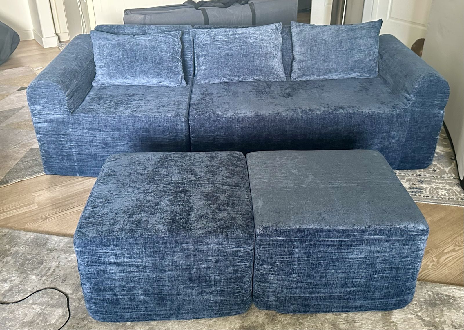 Ultra-Comfy Blue Chenille Cloud Modular Sectional Sofa + 2 Ottomans (No Assembly!)