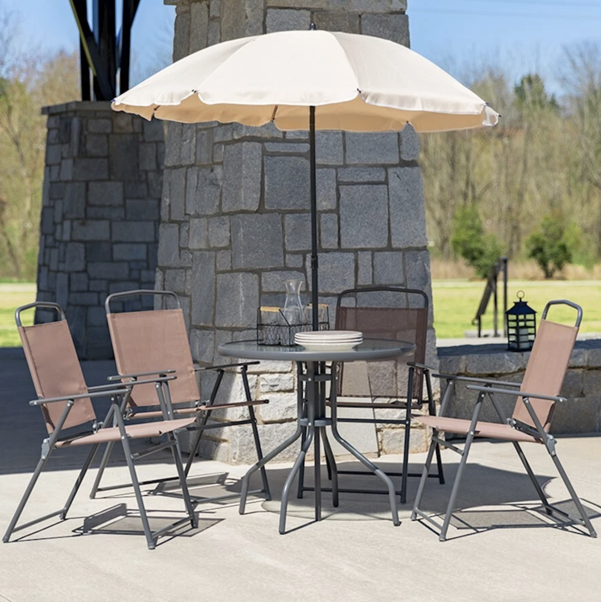 Six-Piece Brown Patio Garden Set  |  Umbrella Glass | Table  |  Chairs  (GM-202012-BRN-GG)