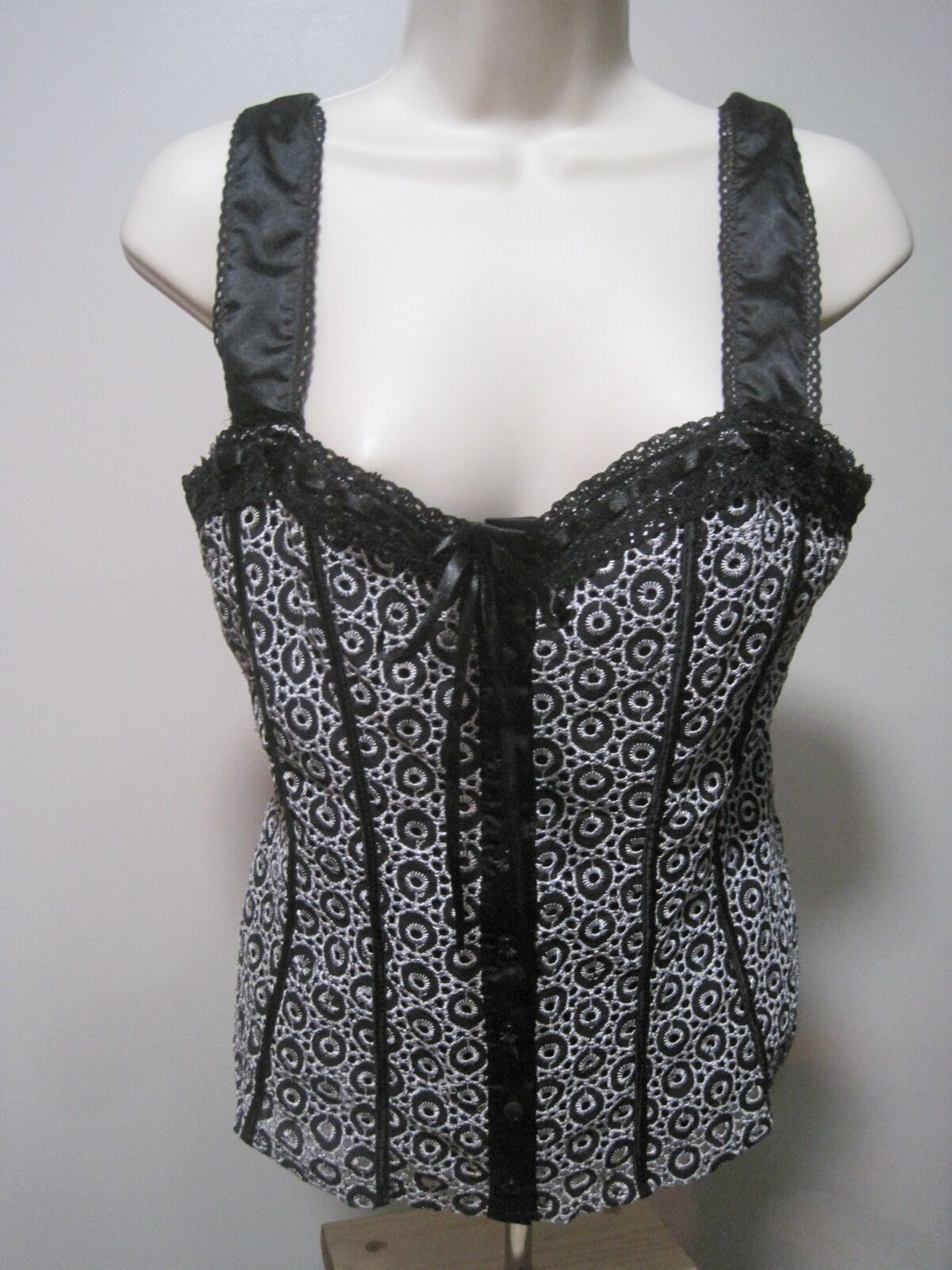 Bebe Vintage Women's Small Black and White Circle Lace Button Blouse Corset