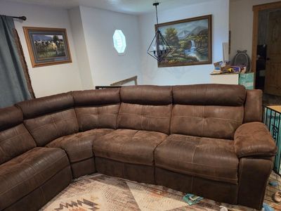 Brown Faux Leather Reclining Sectional Sofa with Storage Console & Cup Holders