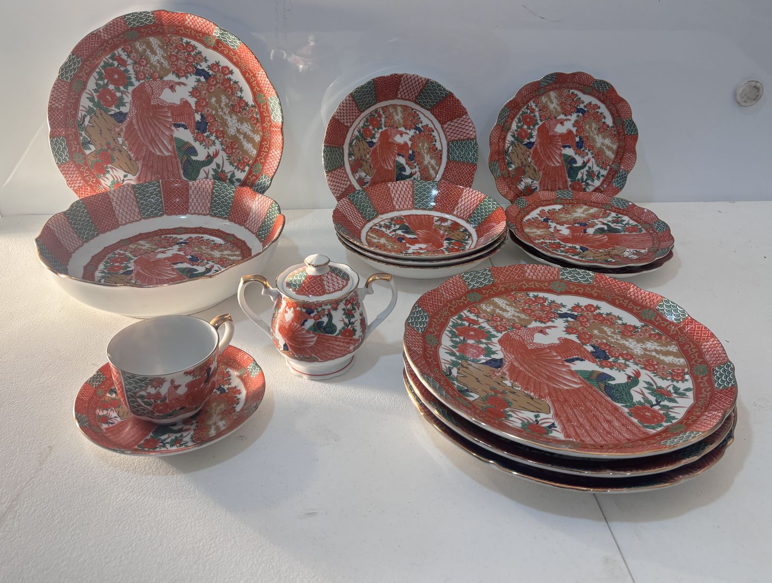 Lot of 16 Pieces  Arita Imari Red Peacock Charger China Set Japan Incomplete