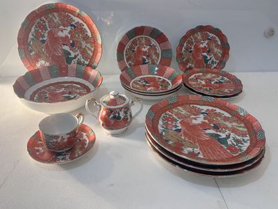 Lot of 16 Pieces Arita Imari Red Peacock Charger China Set Japan Incomplete