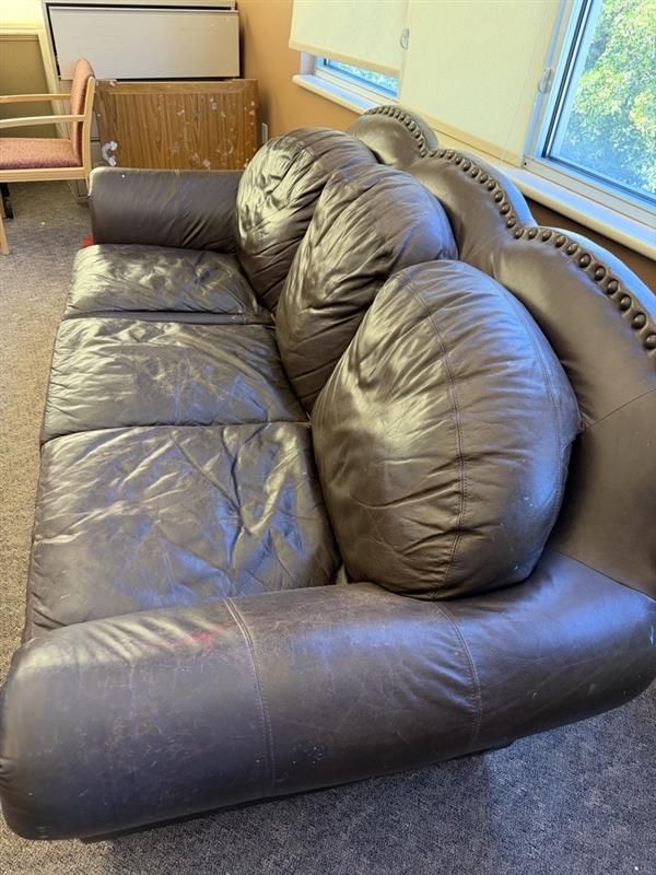 Classic Brown Leather Sofa - 3-Seater Couch with Nailhead Trim, Good Condition