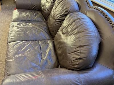 Classic Brown Leather Sofa - 3-Seater Couch with Nailhead Trim, Good Condition