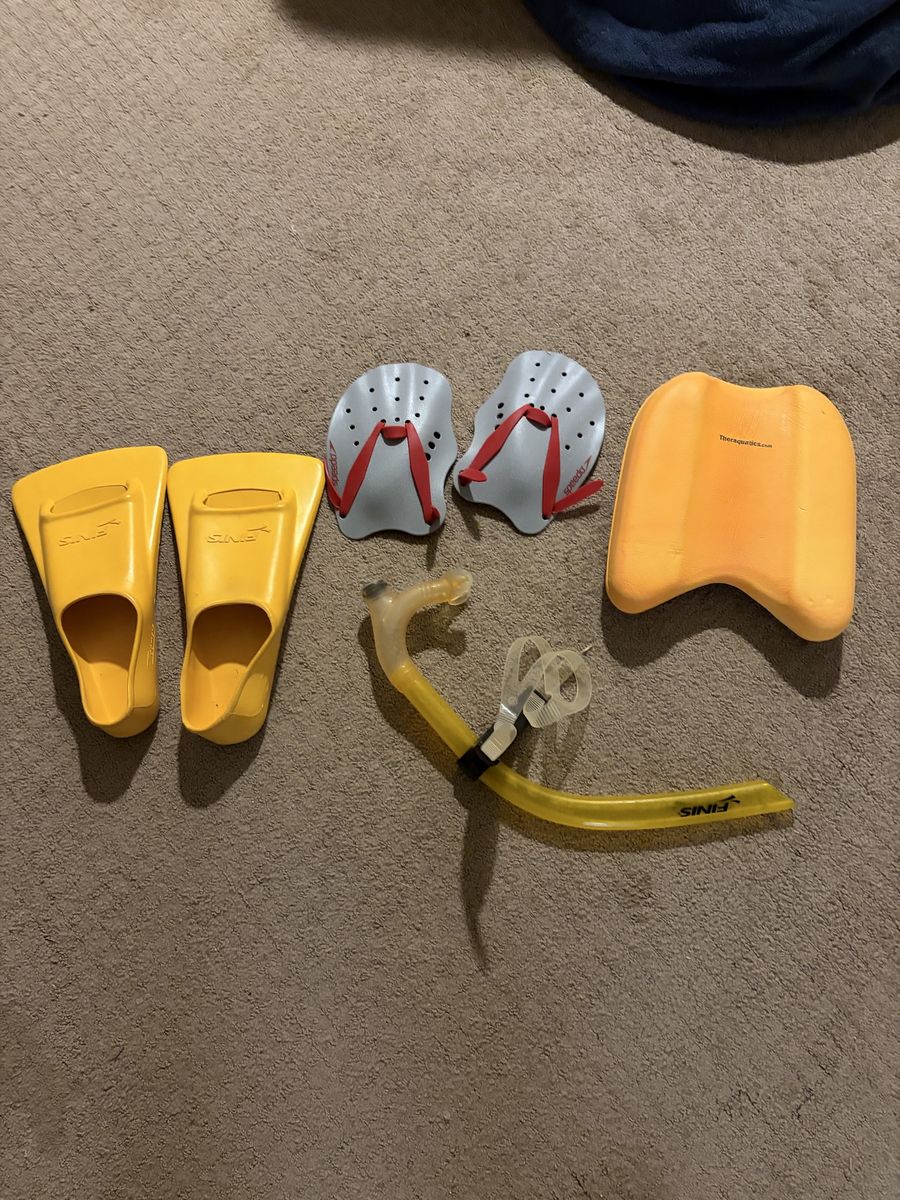 FINIS Yellow Swim Fins Snorkel Speedo Paddles TherAquaticsUSA Kickboard Swim Training Set