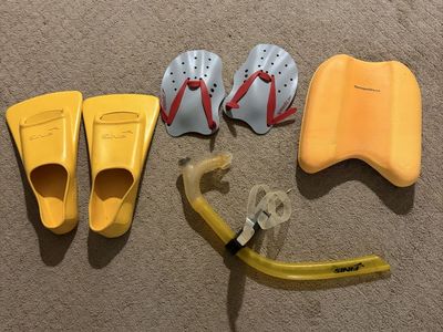 FINIS Yellow Swim Fins Snorkel Speedo Paddles TherAquaticsUSA Kickboard Swim Training Set