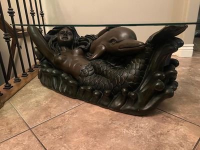 Bronze Mermaid & Dolphin Glass Top Coffee Table - Unique Nautical Home Decor
