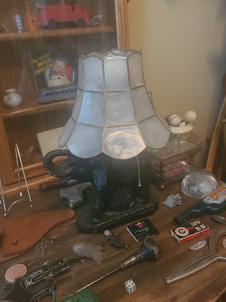 Vintage Sculptural Elephant Table Lamp with Mother of Pearl Capiz Shell Shade