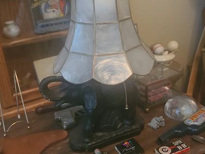 Vintage Sculptural Elephant Table Lamp with Mother of Pearl Capiz Shell Shade