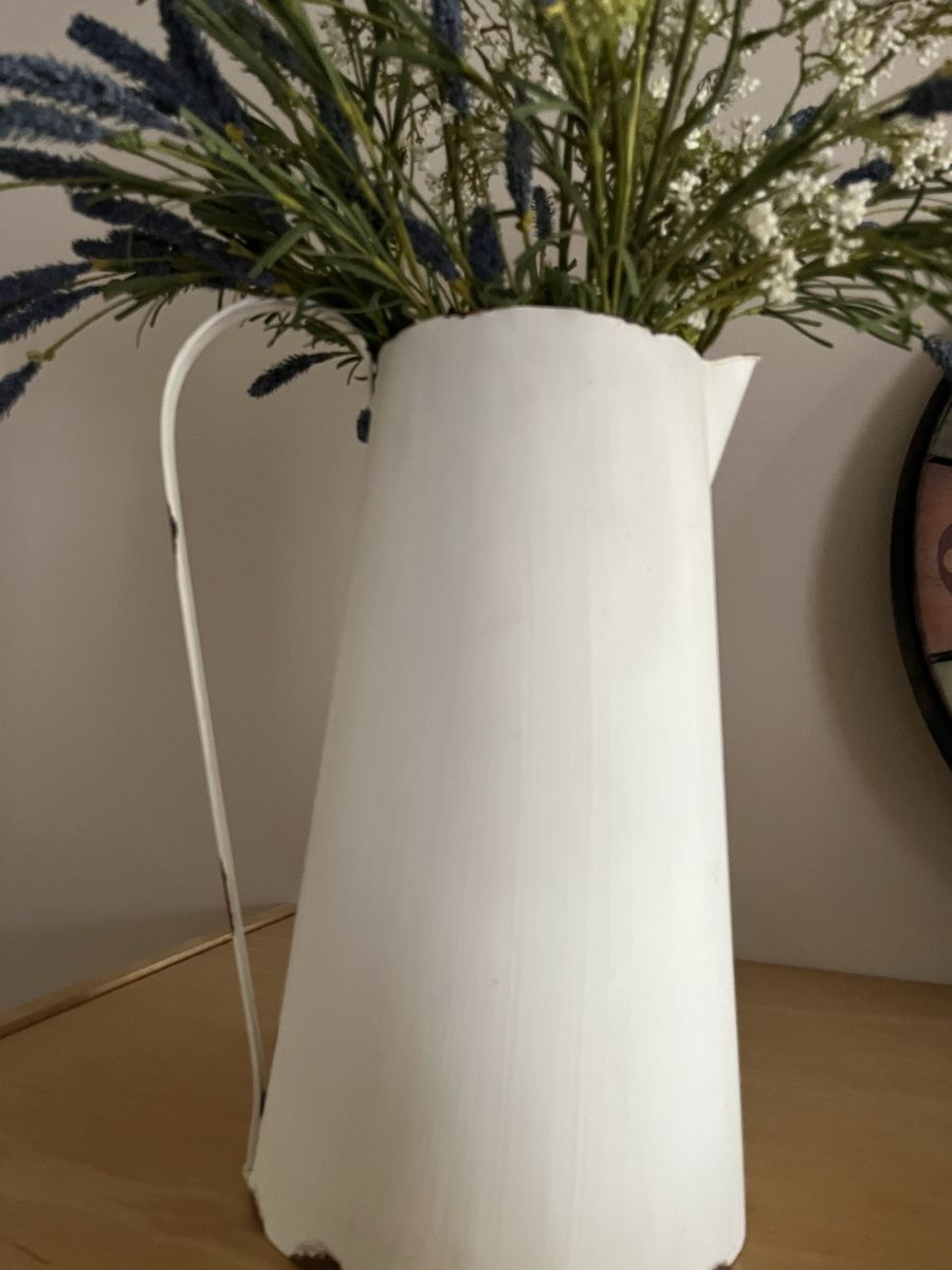 Farmhouse Style White Metal Pitcher Vase with Faux Lavender and Wildflowers Arrangement