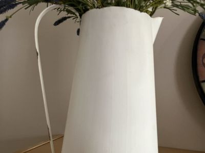 Farmhouse Style White Metal Pitcher Vase with Faux Lavender and Wildflowers Arrangement