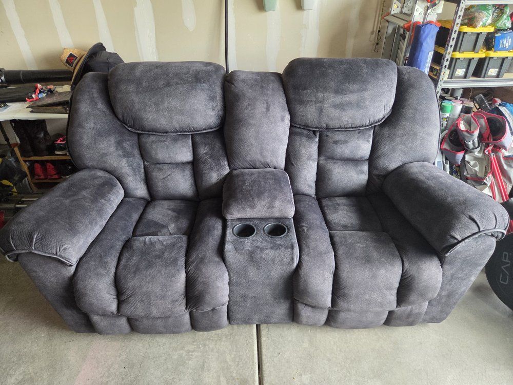 Ashley's Gray Plush Microfiber Reclining Loveseat with Center Console, Cup Holders & Power Outlets
