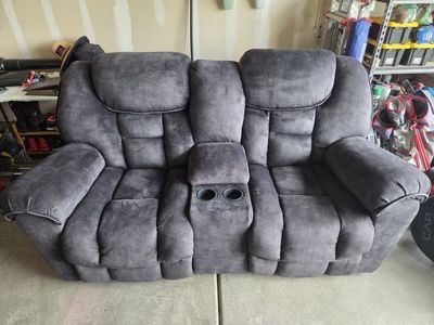 Ashley's Gray Plush Microfiber Reclining Loveseat with Center Console, Cup Holders & Power Outlets