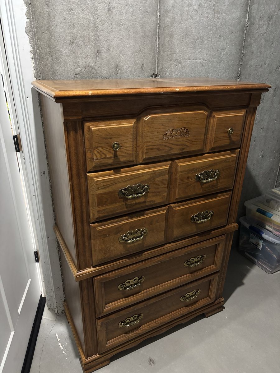 Vintage Solid Oak Dresser and Matching Nightstand Set