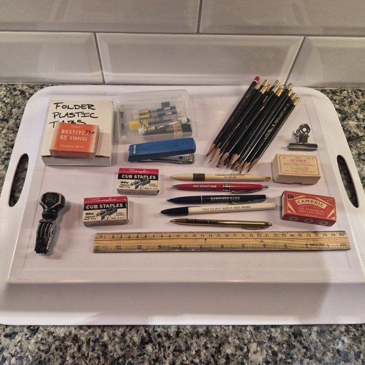 Vintage Office Supply Lot: Pencils, Staplers, Pens, Rulers, Folder Tabs & More - Mixed Brands
