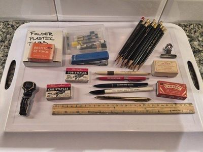 Vintage Office Supply Lot: Pencils, Staplers, Pens, Rulers, Folder Tabs & More - Mixed Brands