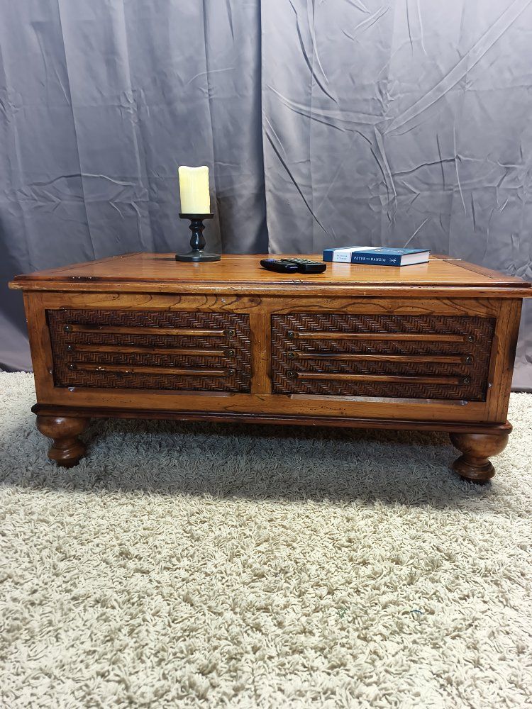 Rustic Wood Coffee Table with Woven Panels & Storage, Traditional Style Blanket Chest