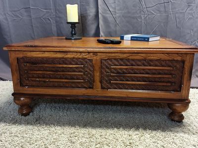 Rustic Wood Coffee Table with Woven Panels & Storage, Traditional Style Blanket Chest