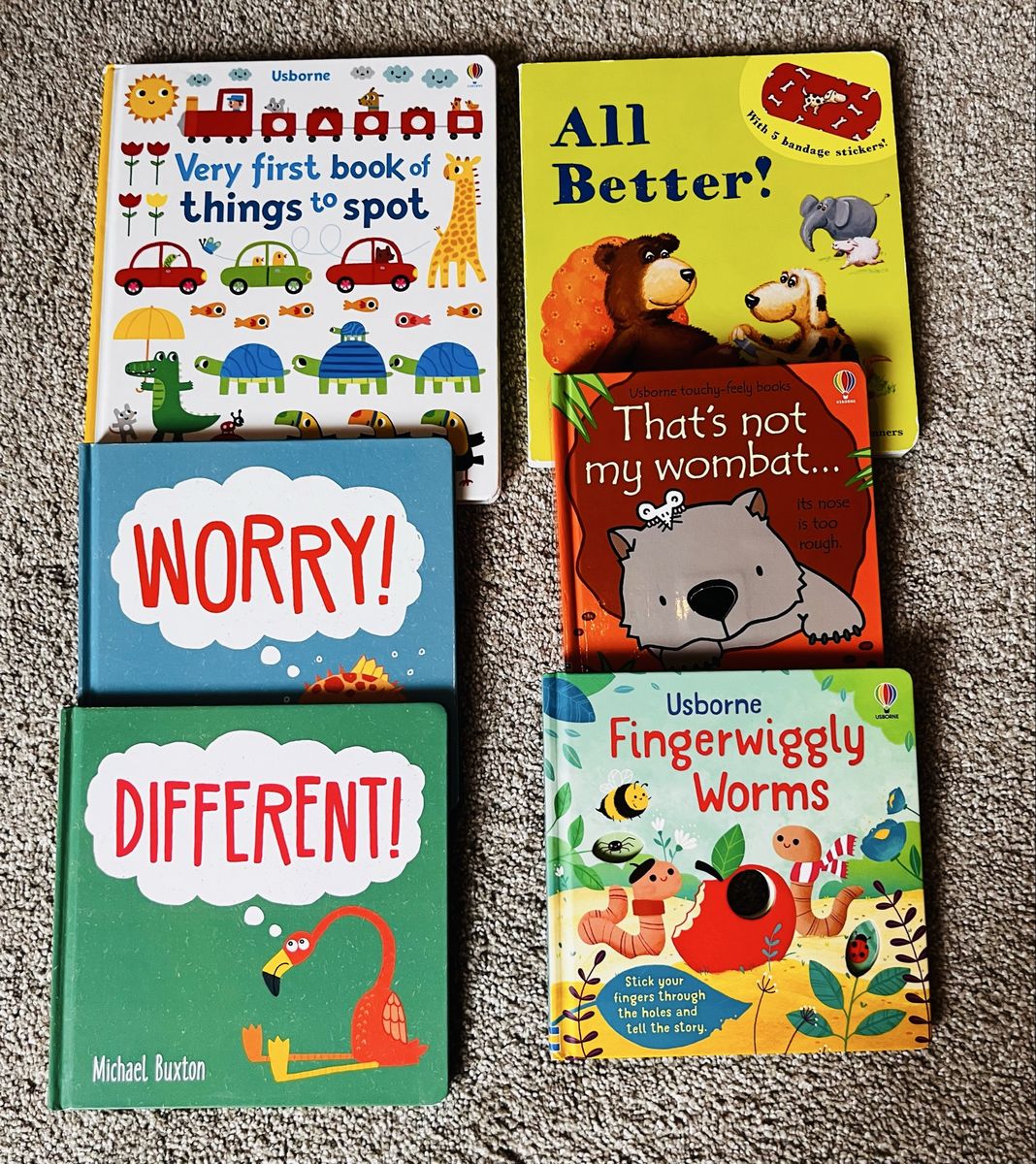 Usborne & Kane Miller Kids Board Books Lot - "Worry!", "Different!", "Fingerwiggly Worms" & More