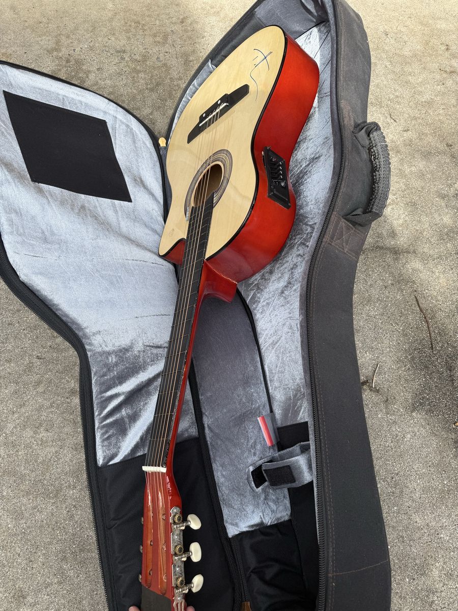 Red Acoustic Guitar with Case - Autographed, Good Condition