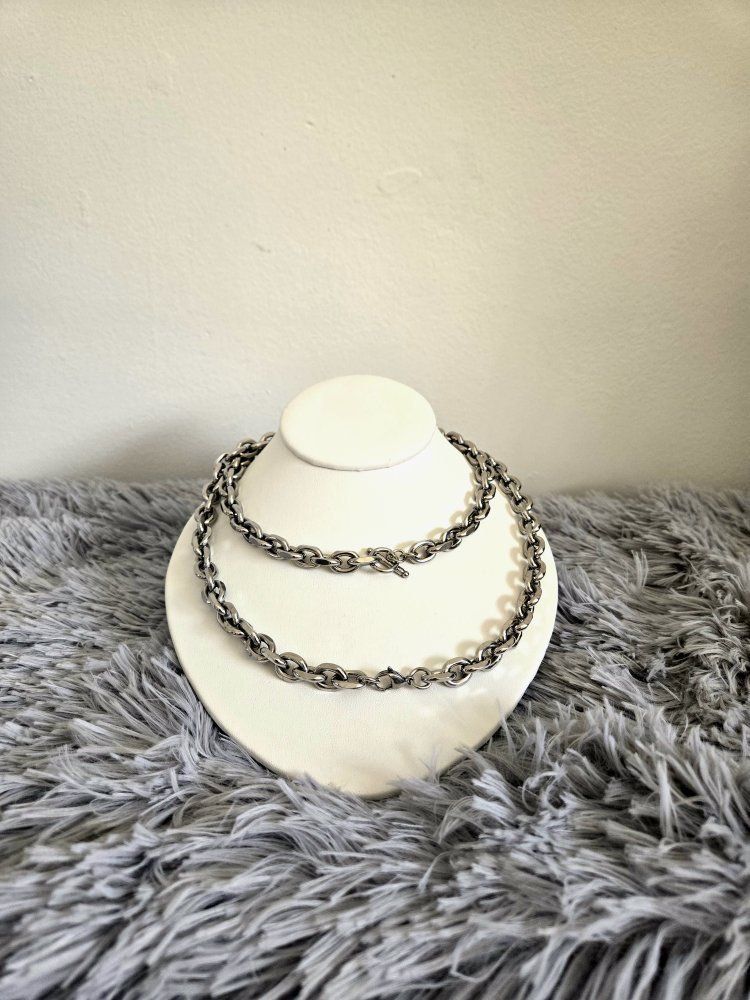 2x His/Hers Theirs/Theirs Matching Silver-tone Cable Chains - (1) 24" T-clasp, (1) 22" pinch-clasp