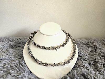 2x His/Hers Theirs/Theirs Matching Silver-tone Cable Chains - (1) 24" T-clasp, (1) 22" pinch-clasp