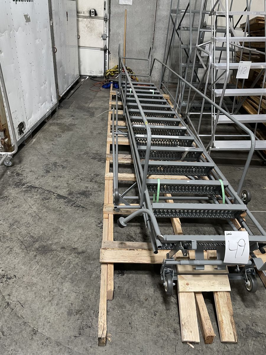 DAMAGED 15 Step Rolling Warehouse Step Ladder