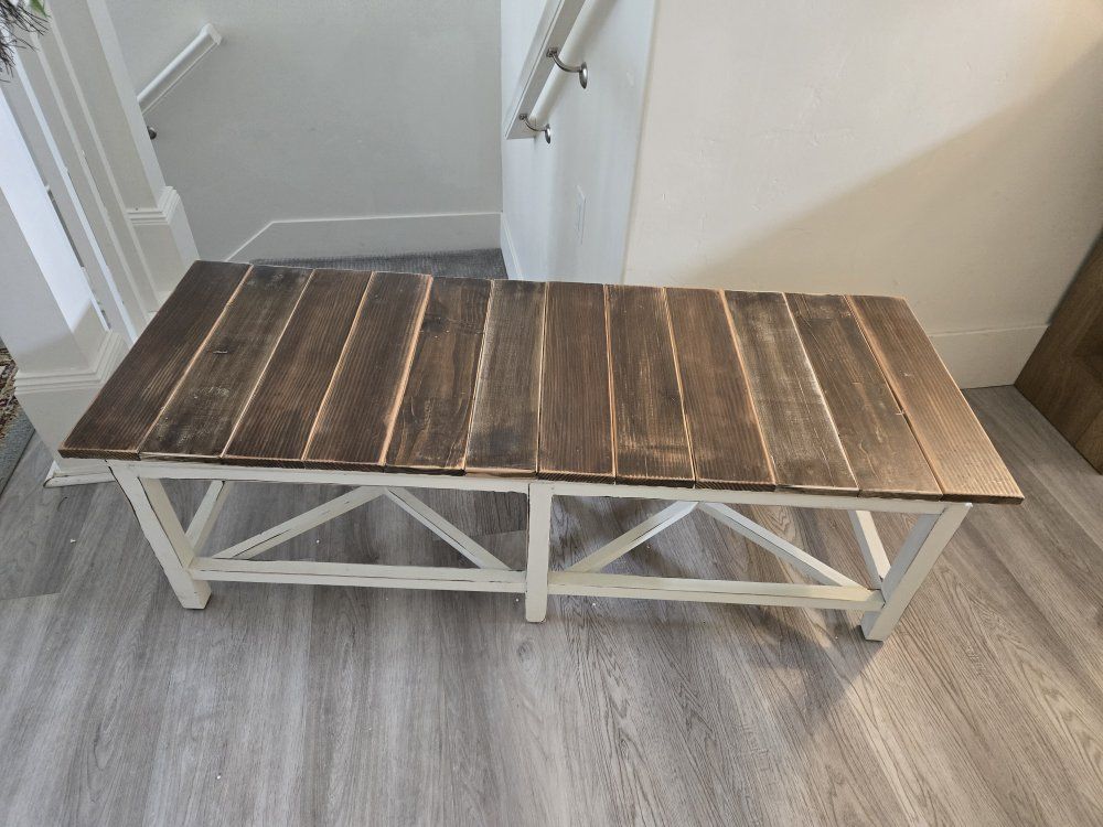 Rustic Farmhouse Entryway Bench - Wood Top, White X-Frame