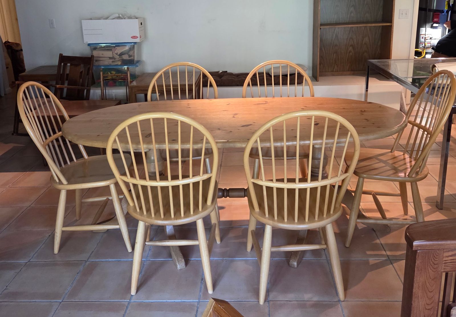 Unique Antique French Country Pine Dining Table with Six Chairs