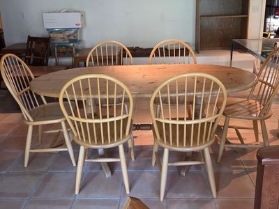 Unique Antique French Country Pine Dining Table with Six Chairs