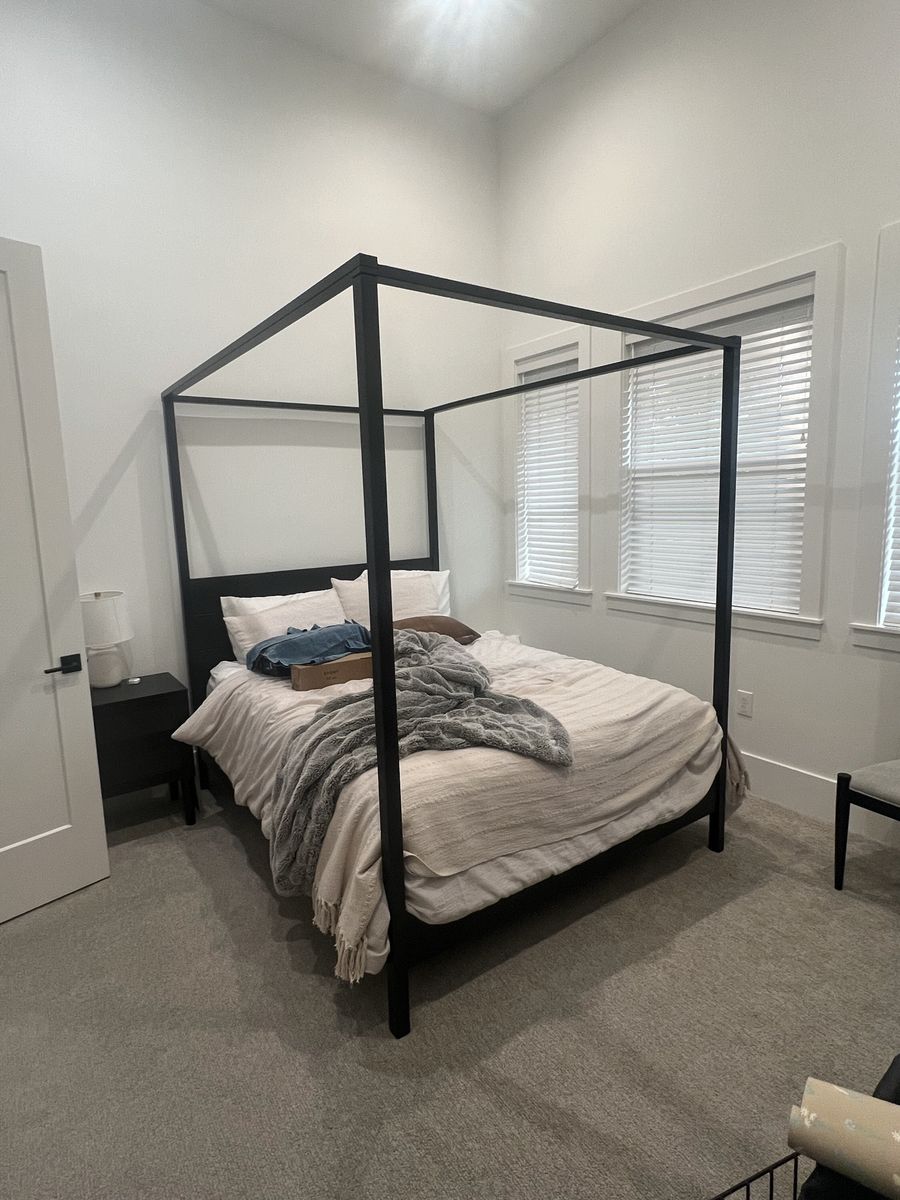 IKEA Queen Canopy Bed Frame & Mattress Dealz Queen Mattress, Black Metal Frame, Upgraded Slats
