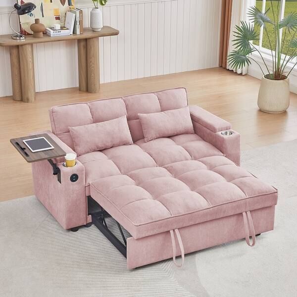 Chenille Loveseat Sleeper Sofa Bed with Storage Armrest ,USB Port ,Side Table